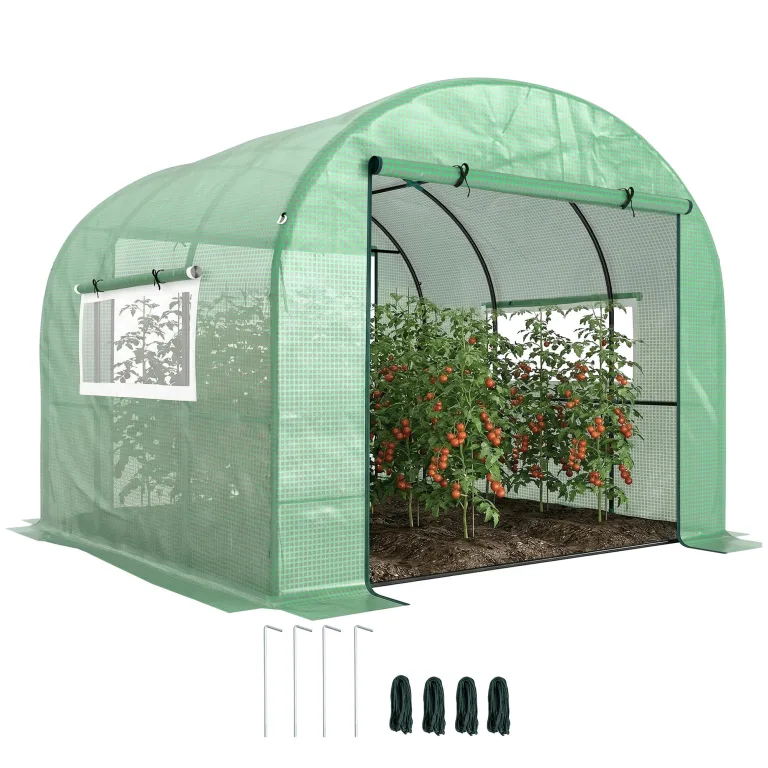 Outsunny Tunnel-Gewächshaus für den Garten, 3 x 3 x 2 m, mit aufrollbaren Türen und Fenstern, Gewächshaus für Gemüsegarten mit Struktur aus Stahl und PE-Abdeckung, für Gemüse, Blumen, Obst, UV-Schutz – Bild 1