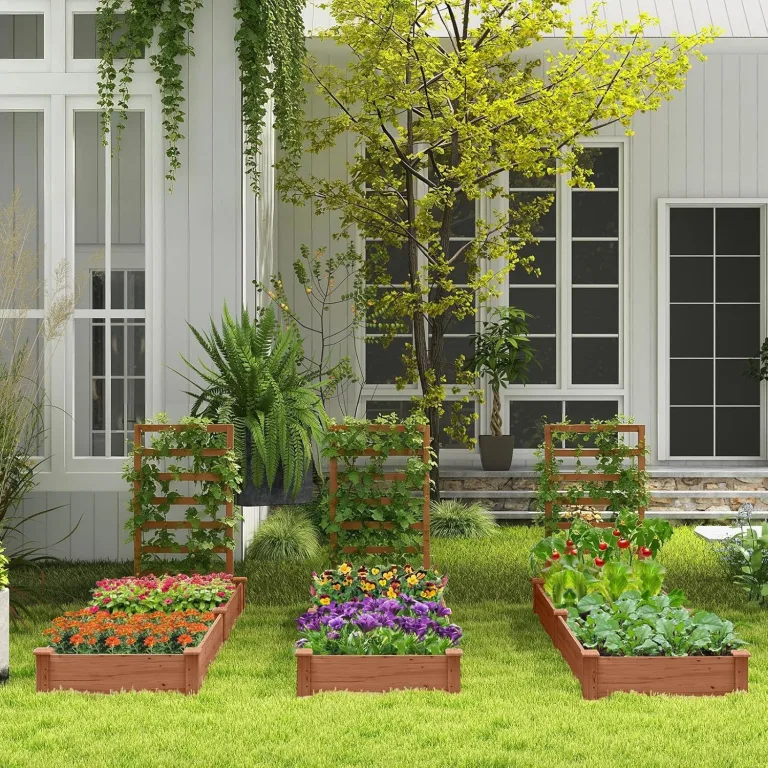 GOPLUS Blumenkasten mit Rankgitter, Hochbeet mit Spalier, Pflanzkasten mit offenem Boden, Gartenspalier aus Tannenholz, Kräuterbeet Gartenbeet für Hof, Terrasse (235 x 63 x 102 cm) – Bild 2