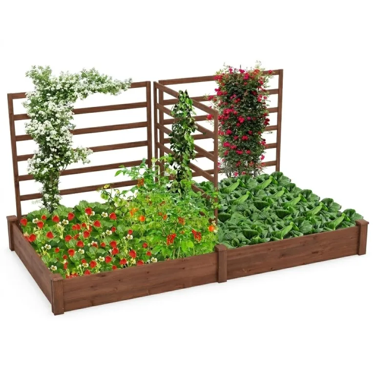 GOPLUS Blumenkasten mit Rankgitter, Hochbeet mit Spalier, Pflanzkasten mit offenem Boden, Gartenspalier aus Tannenholz, Kräuterbeet Gartenbeet für Hof, Terrasse (235 x 63 x 102 cm) – Bild 3