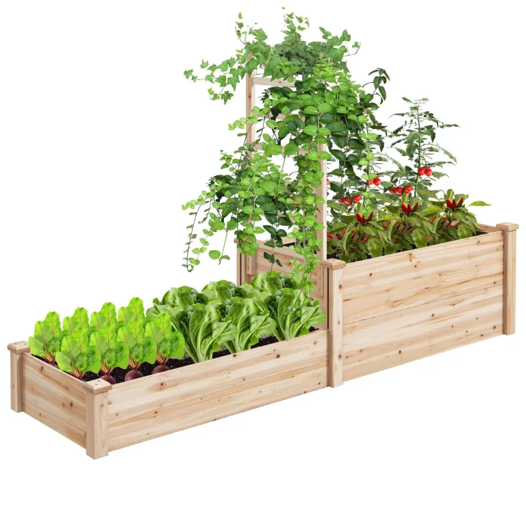 GOPLUS Blumenkasten mit Rankgitter, Hochbeet mit Spalier, Pflanzkasten mit offenem Boden, Gartenspalier aus Tannenholz, Kräuterbeet Gartenbeet für Hof, Terrasse (235 x 63 x 102 cm) – Bild 4