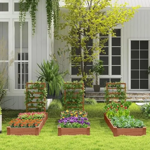 GOPLUS Blumenkasten mit Rankgitter, Hochbeet mit Spalier, Pflanzkasten mit offenem Boden, Gartenspalier aus Tannenholz, Kräuterbeet Gartenbeet für Hof, Terrasse (235 x 63 x 102 cm) – Bild 8