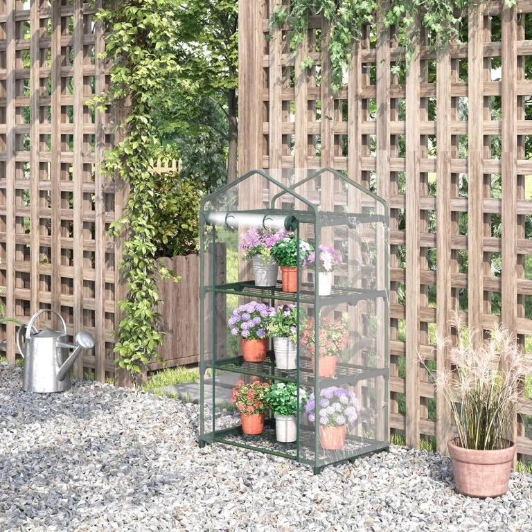 Outsunny Gewächshaus mit Regale, Winterfest Foliengewächshaus Treibhaus für Balkon, Garten, Tomatenhaus 69 x 49 x 125 cm, Tomatengewächshaus für Tomaten, Gemüse, Blumen, Pflanzen, Transparent – Bild 3