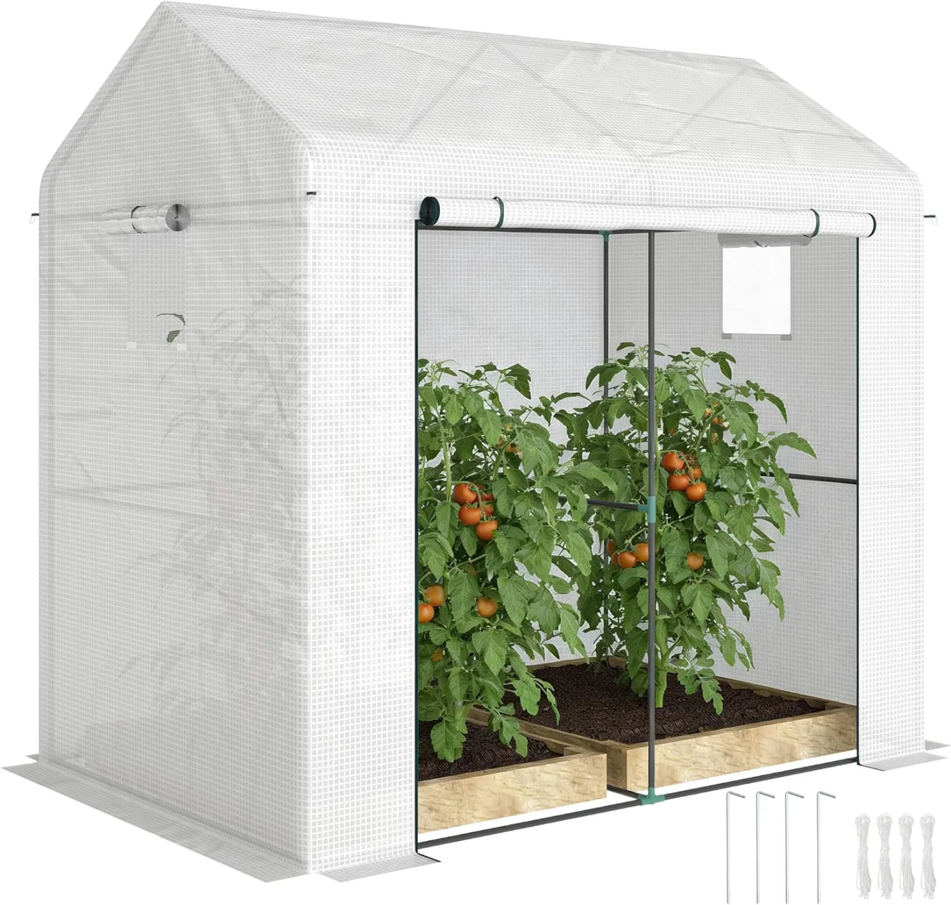 Outsunny begehbares Gewächshaus, Tomatengewächshaus für den Außenbereich, Gewächshaus für den Garten, Anzuchtgewächshaus mit Rolltür und Netzfenstern, PE-Abdeckung, 200 x 140 x 200 cm, weiß - Bild 1