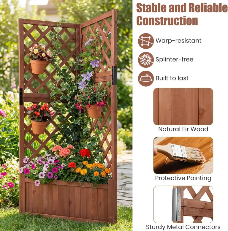 HOMASIS Blumenkasten mit Rankgitter, 140cm Hochbeet Holz, Eck Pflanzkasten mit Spalier & Drainageloch, Gartenspalier für Kletterpflanzen, Pflanzkübel mit Rankhilfe für Balkon Garten Terrasse (Braun) – Bild 10