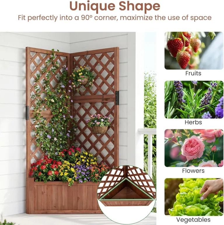 HOMASIS Blumenkasten mit Rankgitter, 140cm Hochbeet Holz, Eck Pflanzkasten mit Spalier & Drainageloch, Gartenspalier für Kletterpflanzen, Pflanzkübel mit Rankhilfe für Balkon Garten Terrasse (Braun) – Bild 11
