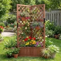 HOMASIS Blumenkasten mit Rankgitter, 140cm Hochbeet Holz, Eck Pflanzkasten mit Spalier & Drainageloch, Gartenspalier für Kletterpflanzen, Pflanzkübel mit Rankhilfe für Balkon Garten Terrasse (Braun) - Thumbnail 5