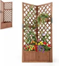 HOMASIS Blumenkasten mit Rankgitter, 140cm Hochbeet Holz, Eck Pflanzkasten mit Spalier & Drainageloch, Gartenspalier für Kletterpflanzen, Pflanzkübel mit Rankhilfe für Balkon Garten Terrasse (Braun) - Thumbnail 1