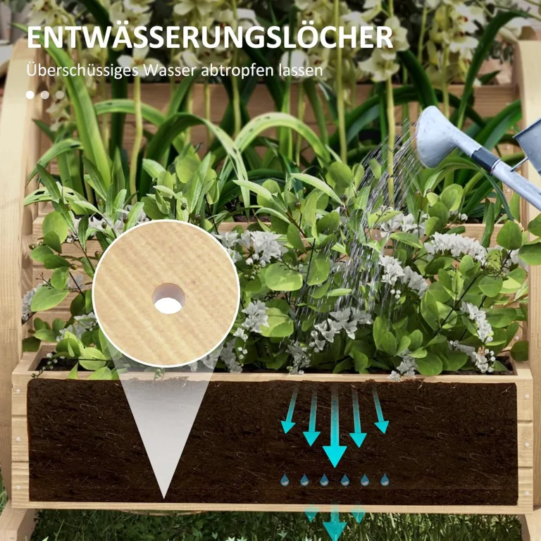 Outsunny Hochbeet aus Holz, Blumenkasten mit 3 Etagen, Gemüsebeet mit Wagenrad-Dekor, Kräuterbeet mit Entwässerungslöchern für Garten, Balkon, Naturholz, 61 x 62 x 57 cm – Bild 5