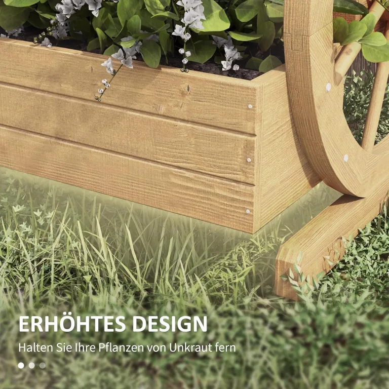 Outsunny Hochbeet aus Holz, Blumenkasten mit 3 Etagen, Gemüsebeet mit Wagenrad-Dekor, Kräuterbeet mit Entwässerungslöchern für Garten, Balkon, Naturholz, 61 x 62 x 57 cm – Bild 6