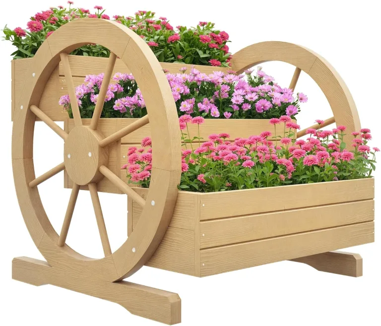 Outsunny Hochbeet aus Holz, Blumenkasten mit 3 Etagen, Gemüsebeet mit Wagenrad-Dekor, Kräuterbeet mit Entwässerungslöchern für Garten, Balkon, Naturholz, 61 x 62 x 57 cm – Bild 1