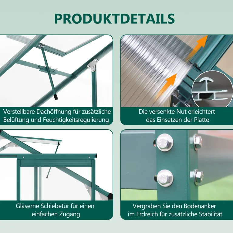 Gewächshaus Aluminium mit Fundament, 4,75 m² - 190 × 253cm, Gartengewächshäuser mit Dachfenster & Schiebetür für Gemüse & Toma, Gewächshaus Groß mit UV-beständigen Polycarbonatplatten – Bild 5