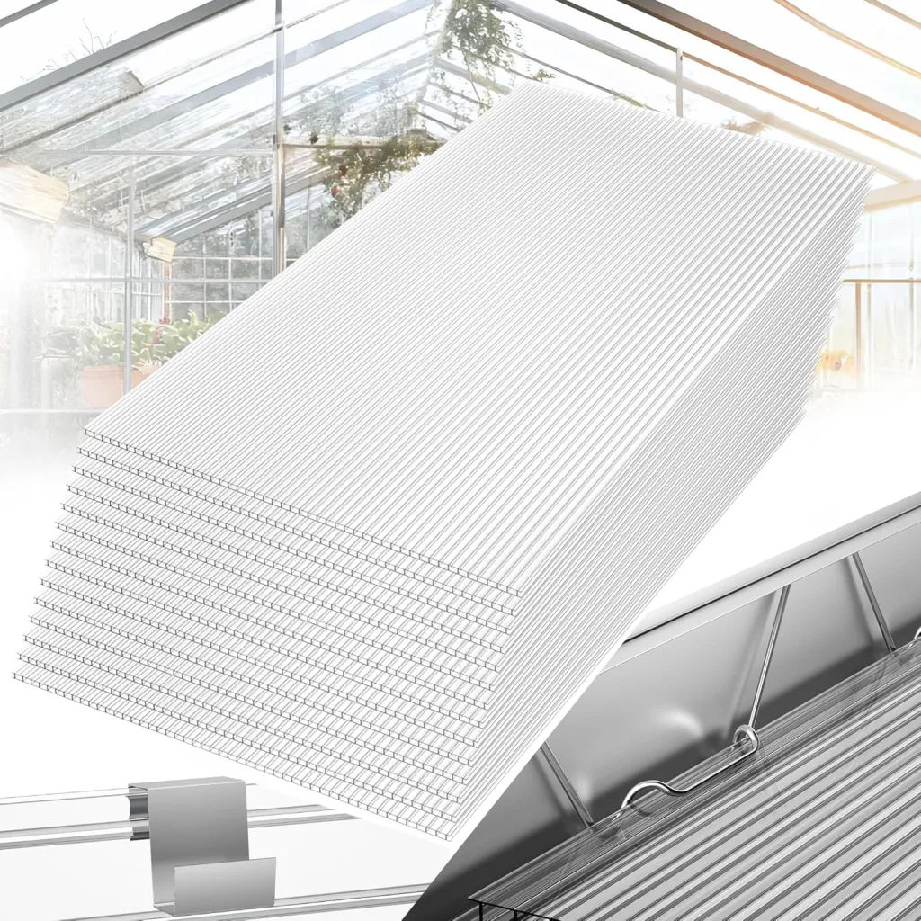 12 Stück Polycarbonat Hohlkammerstegplatten UV beständigem Doppelstegplatte Gewächshausplatten 605x1210x4mm Stegplatte Hohlkammerplatten für Gewächshaus mit 50 Klammern & 50 Z Clips
