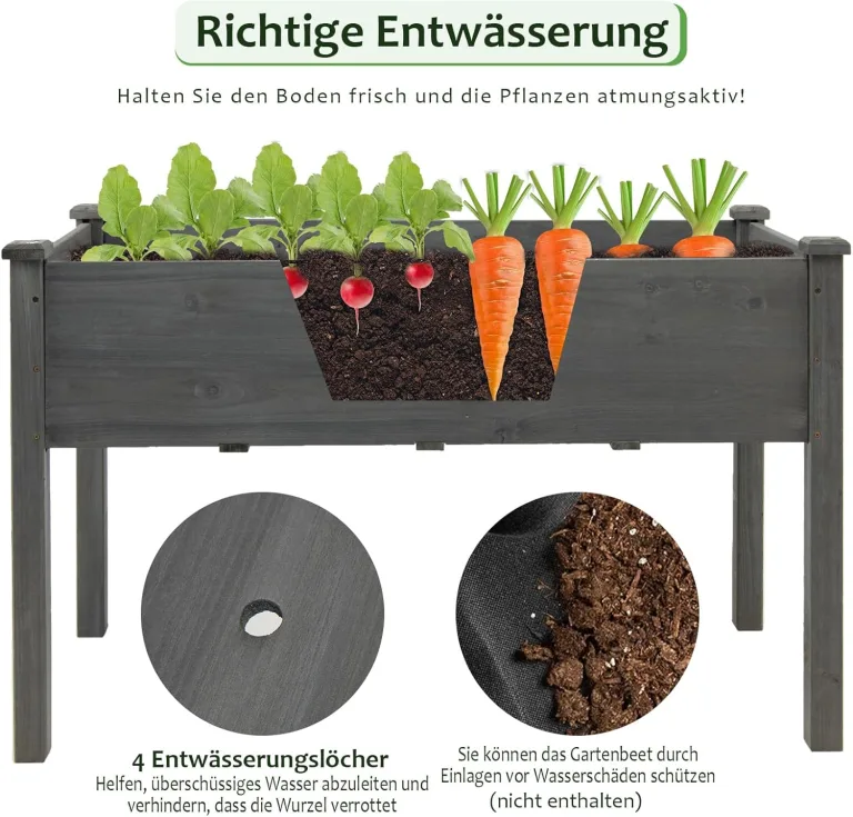 GOPLUS Hochbeet groß, Gartenbeet aus Tannenholz für Gemüse, Kräuter & Pflanzen, XXL Pflanzkasten mit Drainagelöcher, rechteckiges Kräuterbeet für Garten, Balkon, Terrasse, 125 x 59 x 76 cm (Grau) – Bild 4