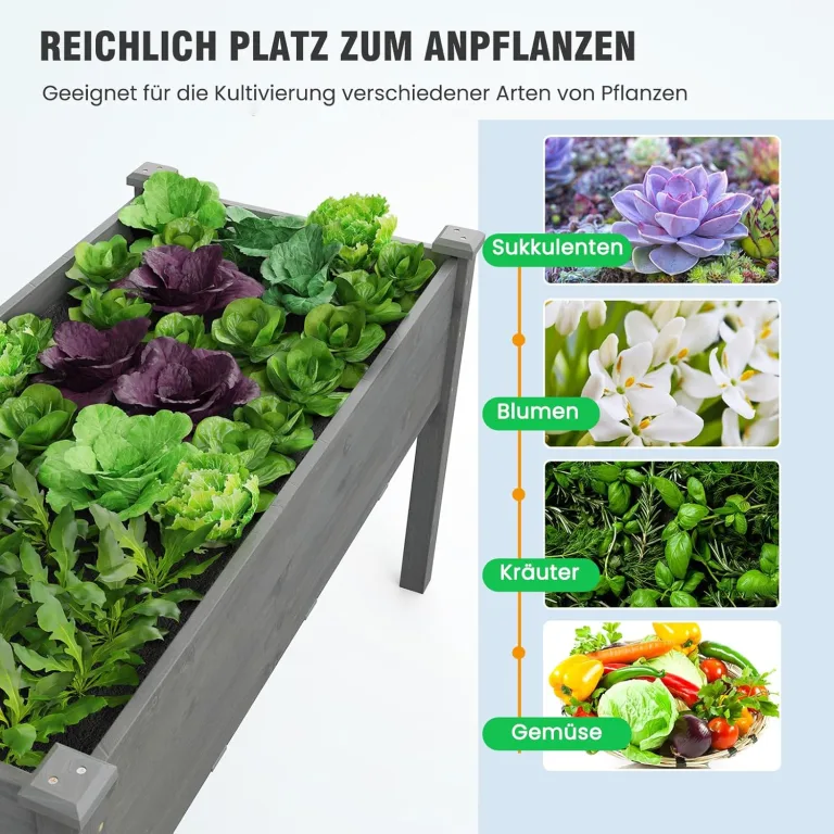 GOPLUS Hochbeet groß, Gartenbeet aus Tannenholz für Gemüse, Kräuter & Pflanzen, XXL Pflanzkasten mit Drainagelöcher, rechteckiges Kräuterbeet für Garten, Balkon, Terrasse, 125 x 59 x 76 cm (Grau) – Bild 7