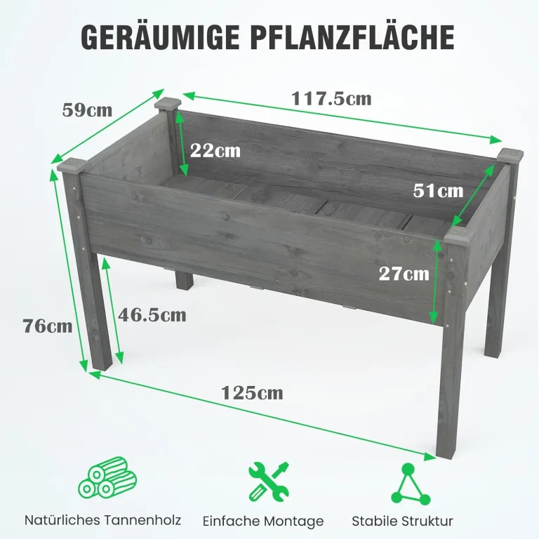 GOPLUS Hochbeet groß, Gartenbeet aus Tannenholz für Gemüse, Kräuter & Pflanzen, XXL Pflanzkasten mit Drainagelöcher, rechteckiges Kräuterbeet für Garten, Balkon, Terrasse, 125 x 59 x 76 cm (Grau) – Bild 3