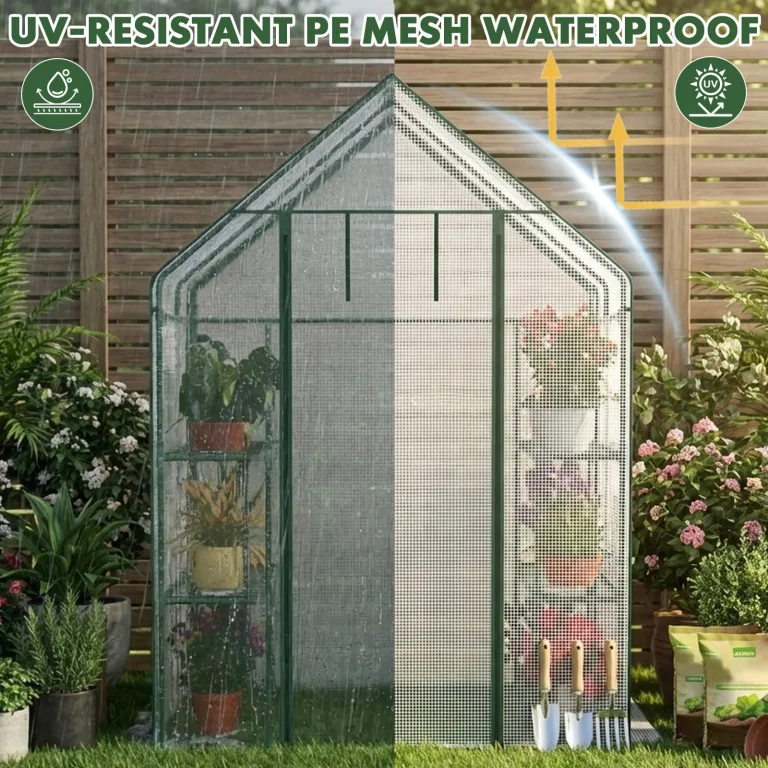 Gewächshaus Balkon Garten, 3-Etagen Foliengewächshaus 143x73x195 cm, Winterfestes Tomatengewächshaus Stabil, Platzsparendes Überwinterungszelt mit Reißverschlusstür, Wind- & Wetterfest, Weiß – Bild 6