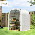 Outsunny begehbares Gewächshaus mit Regalen, kleines Gewächshaus mit Rolltür, Gartenpflanzen-Gewächshaus mit PE-Abdeckung, 123 x 187 x 189 cm, weiß - Thumbnail 2