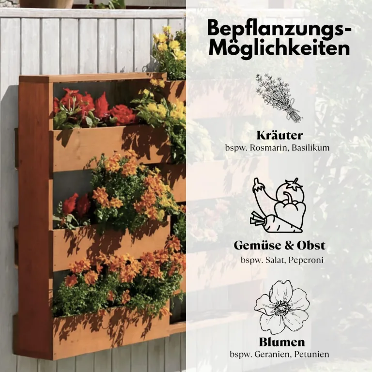 Coemo RIGA Vertikales Kräuterbeet aus Nadelholz Braun 110x18x93 cm Platzsparendes Hochbeet aus Holz mit 7 Pflanzfächern, ergonomische Arbeitshöhe rückenschonend, Kräuterbeet Gemüsebeet Blumenbeet – Bild 6
