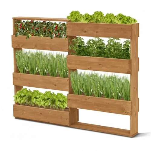 Coemo RIGA Vertikales Kräuterbeet aus Nadelholz Braun 110x18x93 cm Platzsparendes Hochbeet aus Holz mit 7 Pflanzfächern, ergonomische Arbeitshöhe rückenschonend, Kräuterbeet Gemüsebeet Blumenbeet – Bild 9
