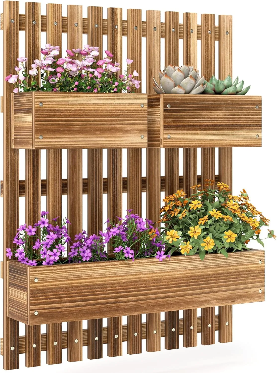 Outsunny Hochbeet Massivholz, Pflanzbeet Frühbeet Gartenbeet mit verstellbarem Blumenkasten, Wand, Pflanzkasten Pflanzkübel 60x16x80cm für Terrasse, Balkon, Gartenspalier für Blumen, Pflanzen Verkohlt - Bild 1
