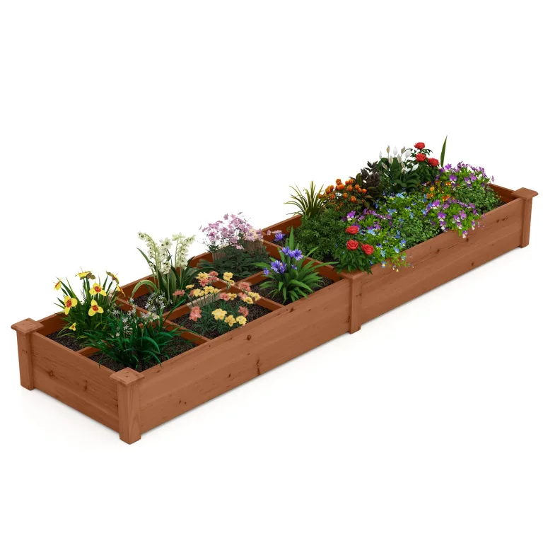 GOPLUS Hochbeet aus Tannenholz, Gartenbeet mit 2 Pflanzkästen & Trennwänden, Blumenkasten mit offenem Boden, Pflanzbeet Garten, Kräuterbeet Pflanzkasten Pflanzkübel für Blumen, Gemüse & Obst (Braun) – Bild 9