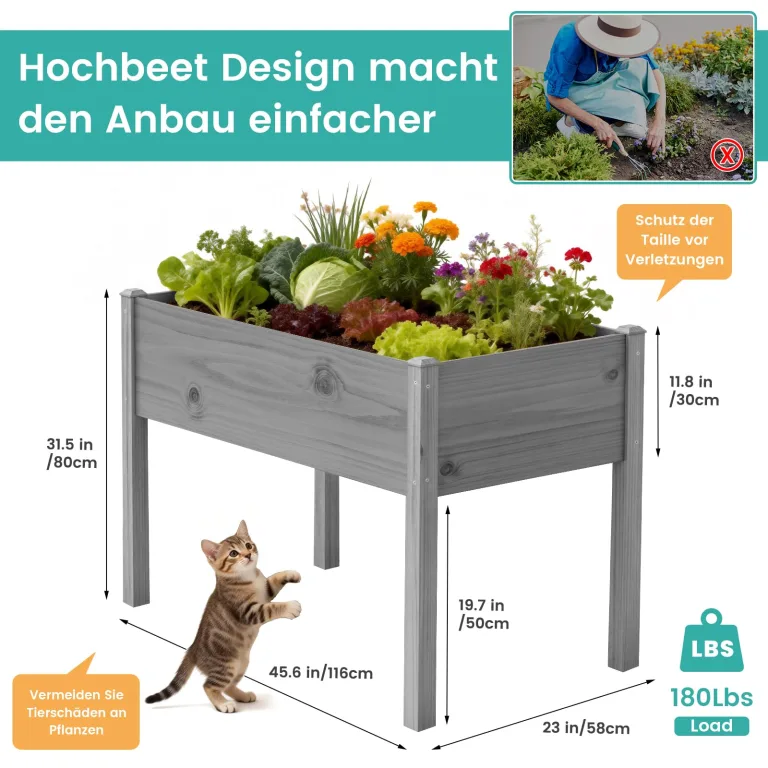 SUNYRISY Hochbeet Holz für Balkon und Garten, 116x60x80cm Pflanzkasten Blumenkasten Kräuterbeet Tannenholz Pflanzbeet Blumenbeet Hochbeet-Kit für Garten Balkon Terrasse, Grau – Bild 2