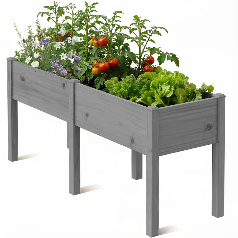 SUNYRISY Hochbeet Holz für Balkon und Garten, 116x60x80cm Pflanzkasten Blumenkasten Kräuterbeet Tannenholz Pflanzbeet Blumenbeet Hochbeet-Kit für Garten Balkon Terrasse, Grau – Bild 10