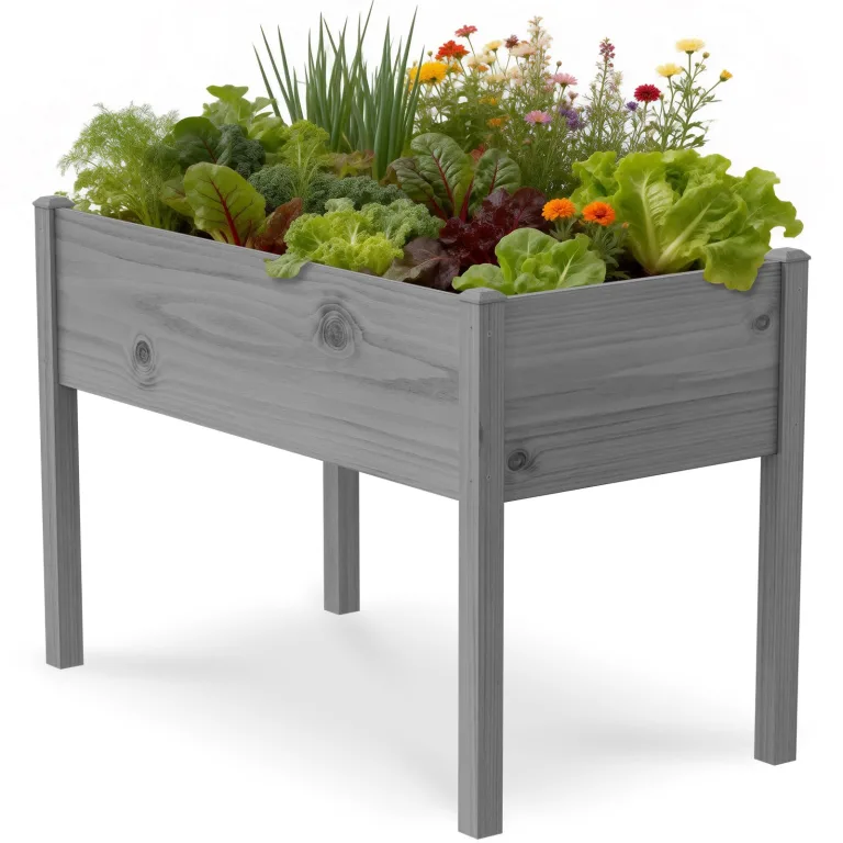 SUNYRISY Hochbeet Holz für Balkon und Garten, 116x60x80cm Pflanzkasten Blumenkasten Kräuterbeet Tannenholz Pflanzbeet Blumenbeet Hochbeet-Kit für Garten Balkon Terrasse, Grau – Bild 1