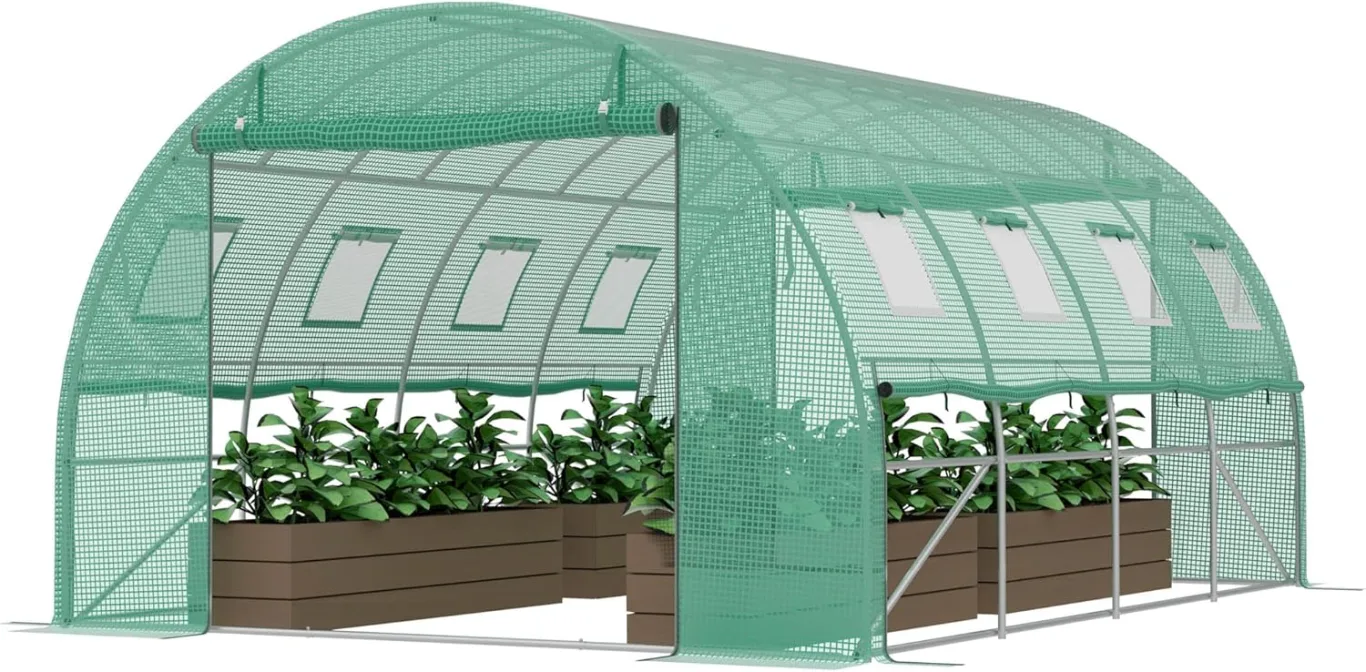Froadp Gewächshaus Folientunnel 3 x 4 x 2 m, Tomatenhaus mit verzinktem Stahlrahmen, Foliengewächshaus mit Fenstern & Reißverschlusstüren, Gartengewächshaus für Gemüse & Pflanzen, Grün - Bild 1