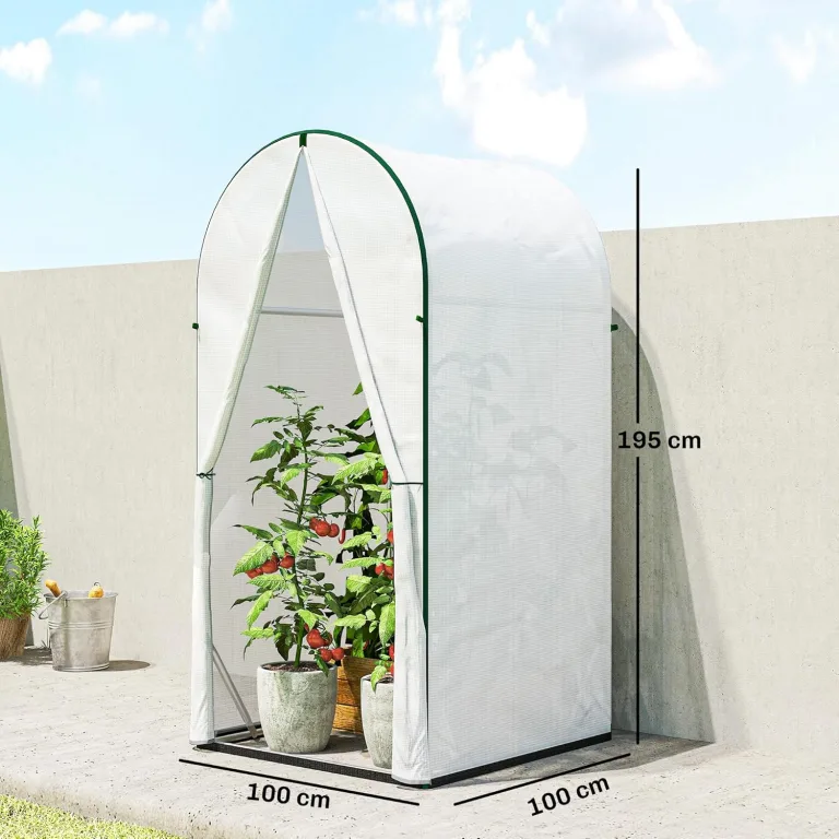 Outsunny Mini-Gewächshaus, tragbares Gewächshaus mit Rolltür, PE-Boden, kleines Gewächshaus für Garten und Terrasse, 100 x 100 x 195 cm, weiß – Bild 7