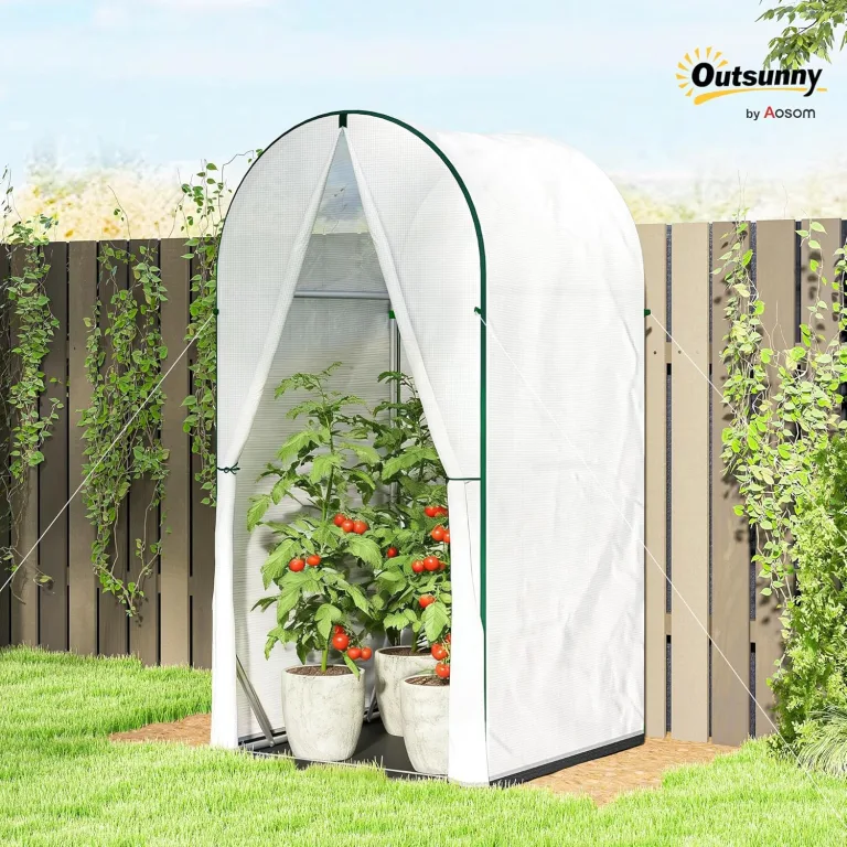 Outsunny Mini-Gewächshaus, tragbares Gewächshaus mit Rolltür, PE-Boden, kleines Gewächshaus für Garten und Terrasse, 100 x 100 x 195 cm, weiß – Bild 2