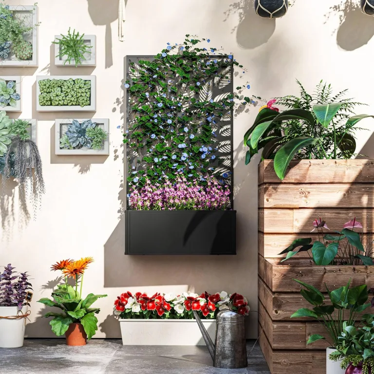 Outsunny Hochbeet Pflanzkasten mit Sichtschutz Pflanzkübel Blumenkasten Metall, Gartenspalier 61 x 23 x 113cm für Garten Balkon Terrasse, Blumenkübel für Kletterpflanzen Korbpflanzen, Blumen – Bild 6