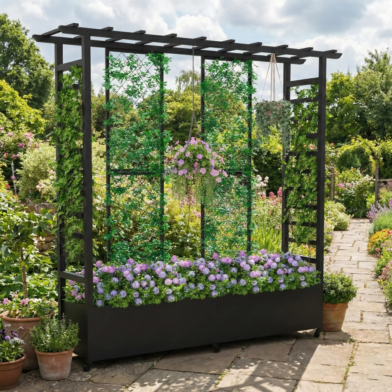 Hochbeet mit Rankgitter und Hängedach, wetterfester Metall-Pflanzkasten mit 4 Rollen und 2 seitlichen Rankgittern für Kletterpflanzen, mobiler Sichtschutz für Terrasse, Balkon und Garten - Bild 1