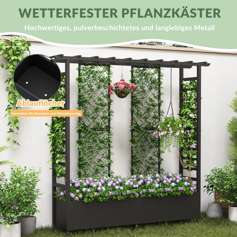Hochbeet mit Rankgitter und Hängedach, wetterfester Metall-Pflanzkasten mit 4 Rollen und 2 seitlichen Rankgittern für Kletterpflanzen, mobiler Sichtschutz für Terrasse, Balkon und Garten – Bild 2