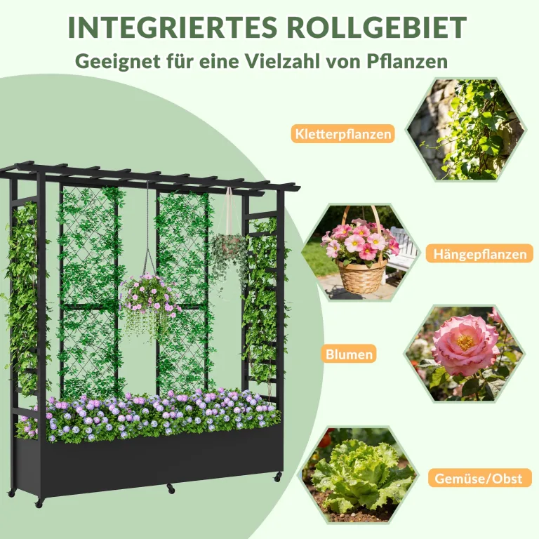 Hochbeet mit Rankgitter und Hängedach, wetterfester Metall-Pflanzkasten mit 4 Rollen und 2 seitlichen Rankgittern für Kletterpflanzen, mobiler Sichtschutz für Terrasse, Balkon und Garten – Bild 4