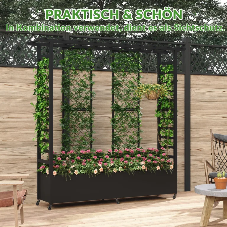 Hochbeet mit Rankgitter und Hängedach, wetterfester Metall-Pflanzkasten mit 4 Rollen und 2 seitlichen Rankgittern für Kletterpflanzen, mobiler Sichtschutz für Terrasse, Balkon und Garten – Bild 6