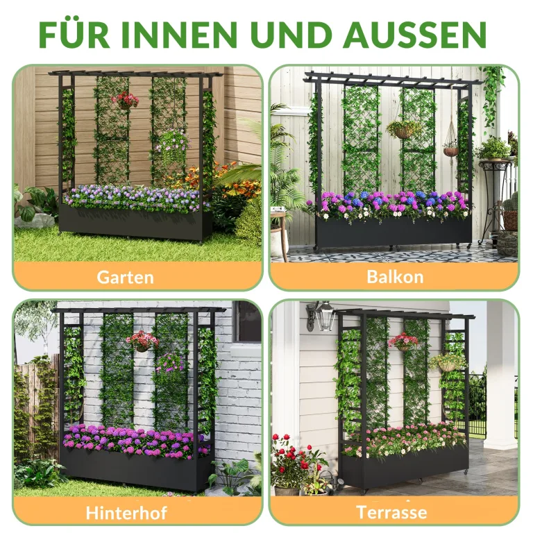 Hochbeet mit Rankgitter und Hängedach, wetterfester Metall-Pflanzkasten mit 4 Rollen und 2 seitlichen Rankgittern für Kletterpflanzen, mobiler Sichtschutz für Terrasse, Balkon und Garten – Bild 7