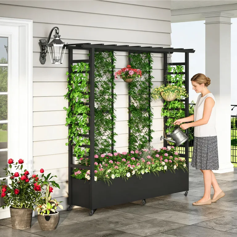 Hochbeet mit Rankgitter und Hängedach, wetterfester Metall-Pflanzkasten mit 4 Rollen und 2 seitlichen Rankgittern für Kletterpflanzen, mobiler Sichtschutz für Terrasse, Balkon und Garten – Bild 8