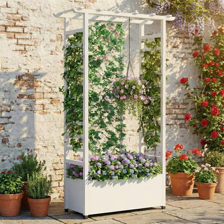 Hochbeet mit Rankgitter und Hängedach, wetterfester Metall-Pflanzkasten mit 4 Rollen und 2 seitlichen Rankgittern für Kletterpflanzen, mobiler Sichtschutz für Terrasse, Balkon und Garten – Bild 10