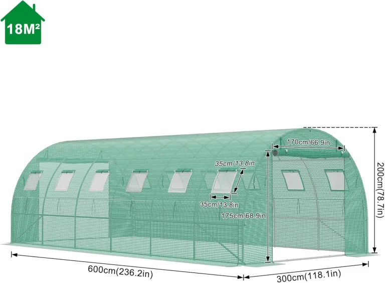 UISEBRT Gewächshaus Foliengewächshaus mit 2 Tür,12 Aufrollbare Fenster mit Moskitonetz,Folientunnel Tomatenhaus aus verzinktem Stahl, PE, Folienzelt inkl. Erdanker & Seilen,600x300x200cm – Bild 2
