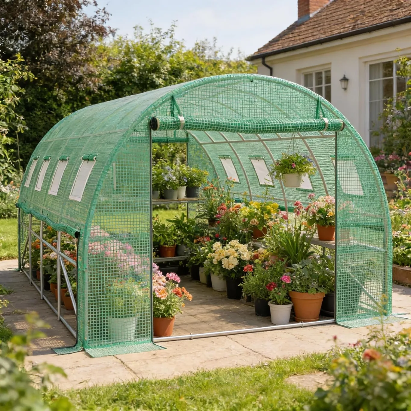 UISEBRT Gewächshaus Foliengewächshaus mit 2 Tür,8 Aufrollbare Fenster mit Moskitonetz,Folientunnel Tomatenhaus aus verzinktem Stahl, PE, Folienzelt inkl. Erdanker & Seilen,400x300x200cm - Bild 1