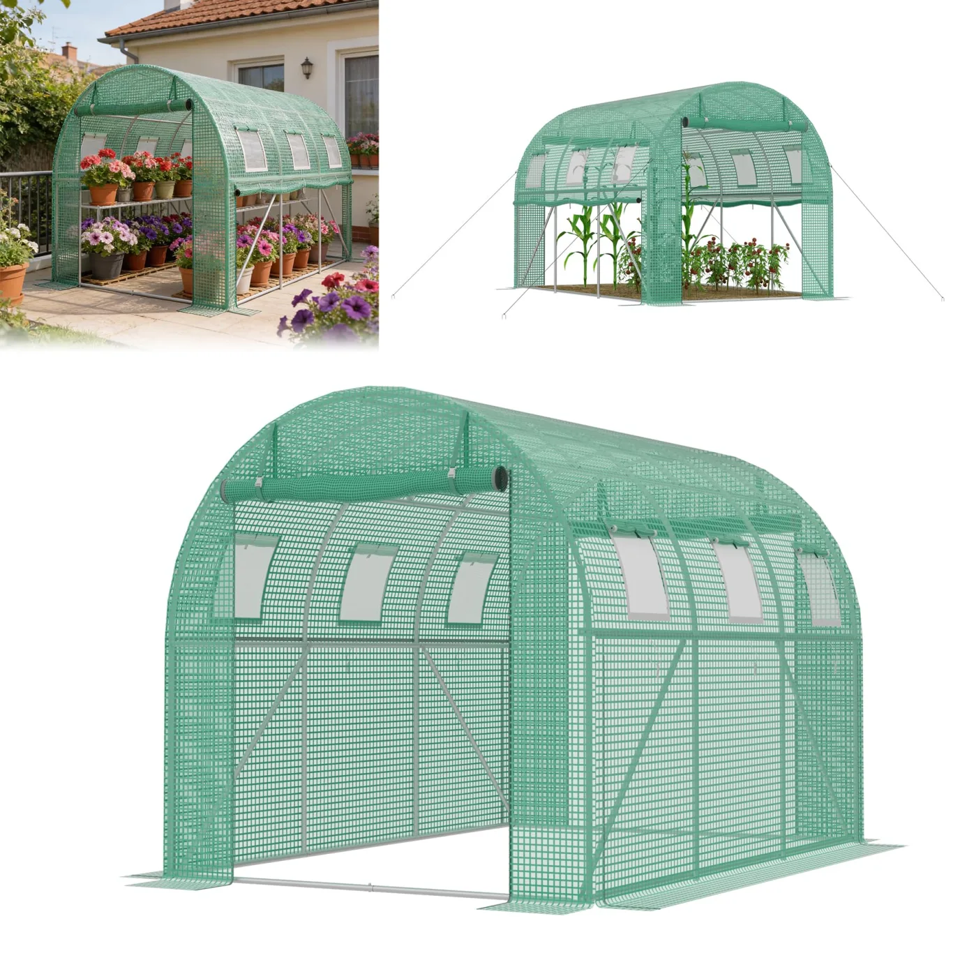 ACXIN Gewächshaus 3x2x2m, Foliengewächshaus mit verzinktem Stahlrahmen, 140g/m² PE-Gitterfolie, 6 Fenster und 2 Reißverschlusstüren, Winterfest Folientunnel für Tomatenhaus Tomatengewächshaus - Bild 1