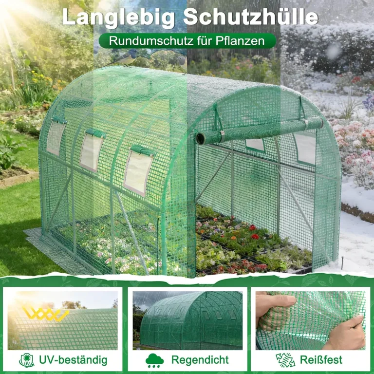 Gewächshaus 6x3x2m, Foliengewächshaus mit verzinktem Stahlrahmen, 140g/m² PE-Gitterfolie, 12 Fenster und 2 Reißverschlusstüren, Winterfest Folientunnel für Tomatenhaus Tomatengewächshaus – Bild 3