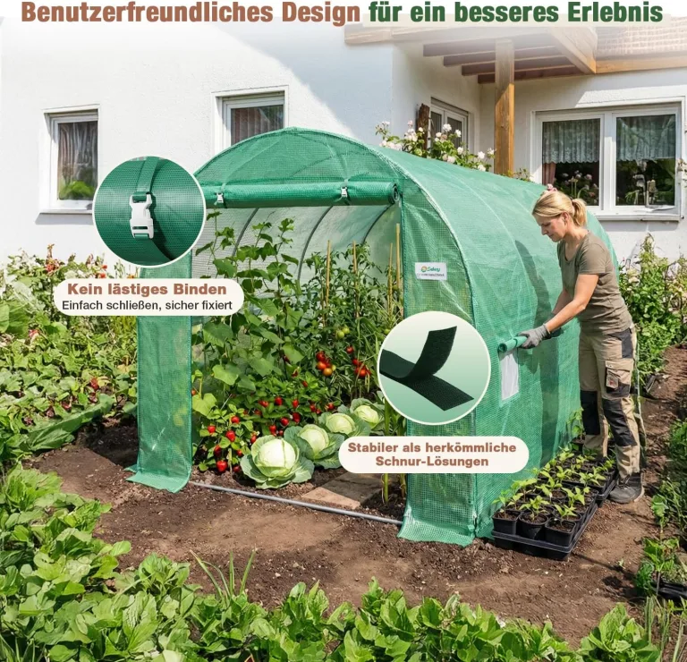 Sekey Gewächshaus Winterfest Foliengewächshaus verzinkt 3x2x2m - 6m² Folientunnel Stabil mit 2m Stehhöhe, Treibhaus, Tomatenhaus inkl. 2 Türen & 4 Fenster & Profi-Fixierungs-Set, 140g/m² PE-Folie – Bild 7