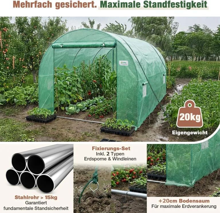 Sekey Gewächshaus Winterfest Foliengewächshaus verzinkt 3x2x2m - 6m² Folientunnel Stabil mit 2m Stehhöhe, Treibhaus, Tomatenhaus inkl. 2 Türen & 4 Fenster & Profi-Fixierungs-Set, 140g/m² PE-Folie – Bild 6