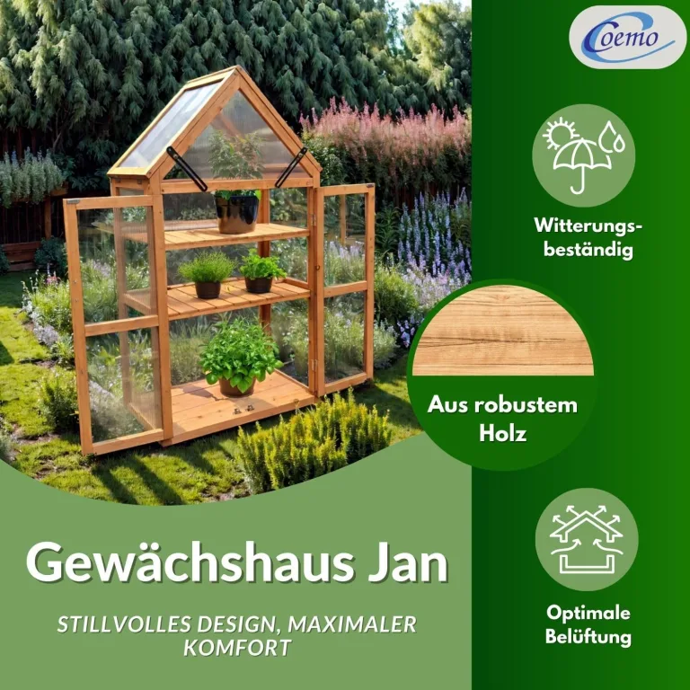 Coemo Holz-Gewächshaus Jan – Stilvolles Design, 65x40x120 cm, Farbe Braun, Aufklappbare Türen und Dach, Winterschutz Gewächshaus -Wetterfestes Pflanzenhaus für Kräuter, Tomaten & Setzlinge – Bild 2