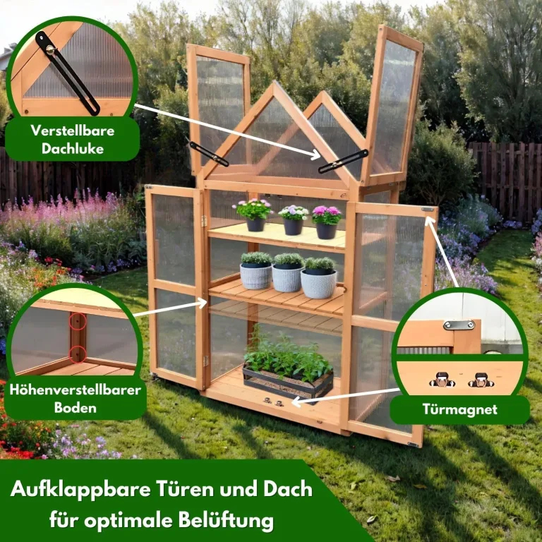 Coemo Holz-Gewächshaus Jan – Stilvolles Design, 65x40x120 cm, Farbe Braun, Aufklappbare Türen und Dach, Winterschutz Gewächshaus -Wetterfestes Pflanzenhaus für Kräuter, Tomaten & Setzlinge – Bild 3