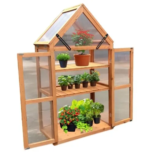 Coemo Holz-Gewächshaus Jan – Stilvolles Design, 65x40x120 cm, Farbe Braun, Aufklappbare Türen und Dach, Winterschutz Gewächshaus -Wetterfestes Pflanzenhaus für Kräuter, Tomaten & Setzlinge – Bild 8