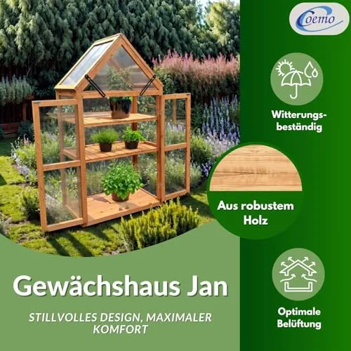 Coemo Holz-Gewächshaus Jan – Stilvolles Design, 65x40x120 cm, Farbe Braun, Aufklappbare Türen und Dach, Winterschutz Gewächshaus -Wetterfestes Pflanzenhaus für Kräuter, Tomaten & Setzlinge – Bild 9