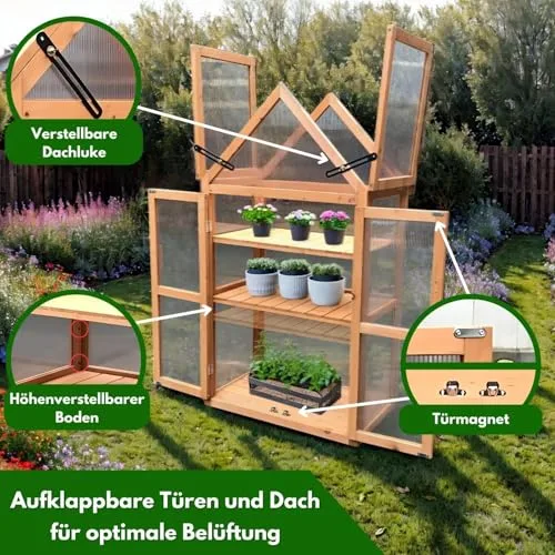 Coemo Holz-Gewächshaus Jan – Stilvolles Design, 65x40x120 cm, Farbe Braun, Aufklappbare Türen und Dach, Winterschutz Gewächshaus -Wetterfestes Pflanzenhaus für Kräuter, Tomaten & Setzlinge – Bild 10